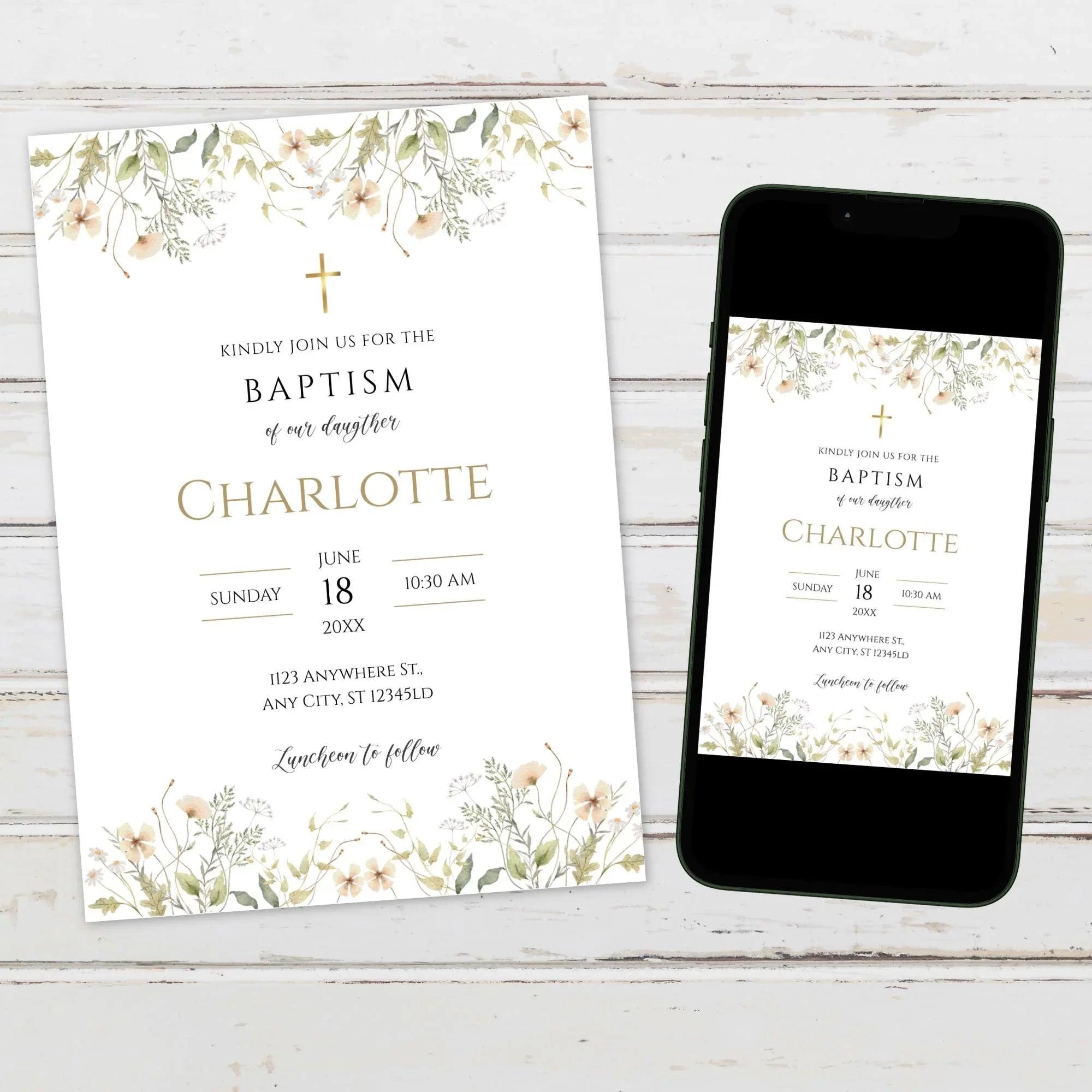 Baptism Invitation Girl | Wildflower Christening Template | Printable Baptism Card | Baby Girl Baptism Invite | Instant Download - Lovely Printable Party
