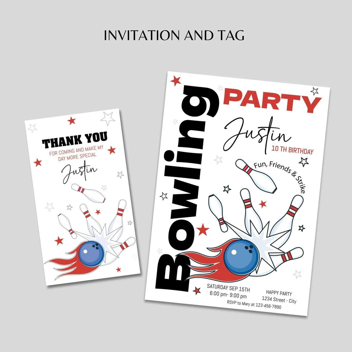Editable Bowling Birthday Invitation and tag Minimalist - Bowling Birthday Invitation - Bowling Party tag - Customizable template - Lovely Printable Party