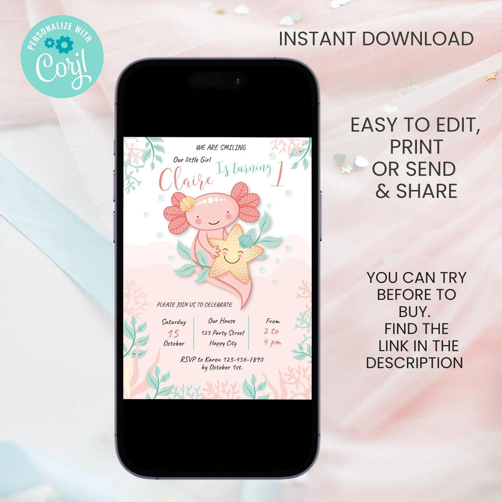 Axolotl Pink Birthday Invitation Instant Download Digital template - Lovely Printable Party