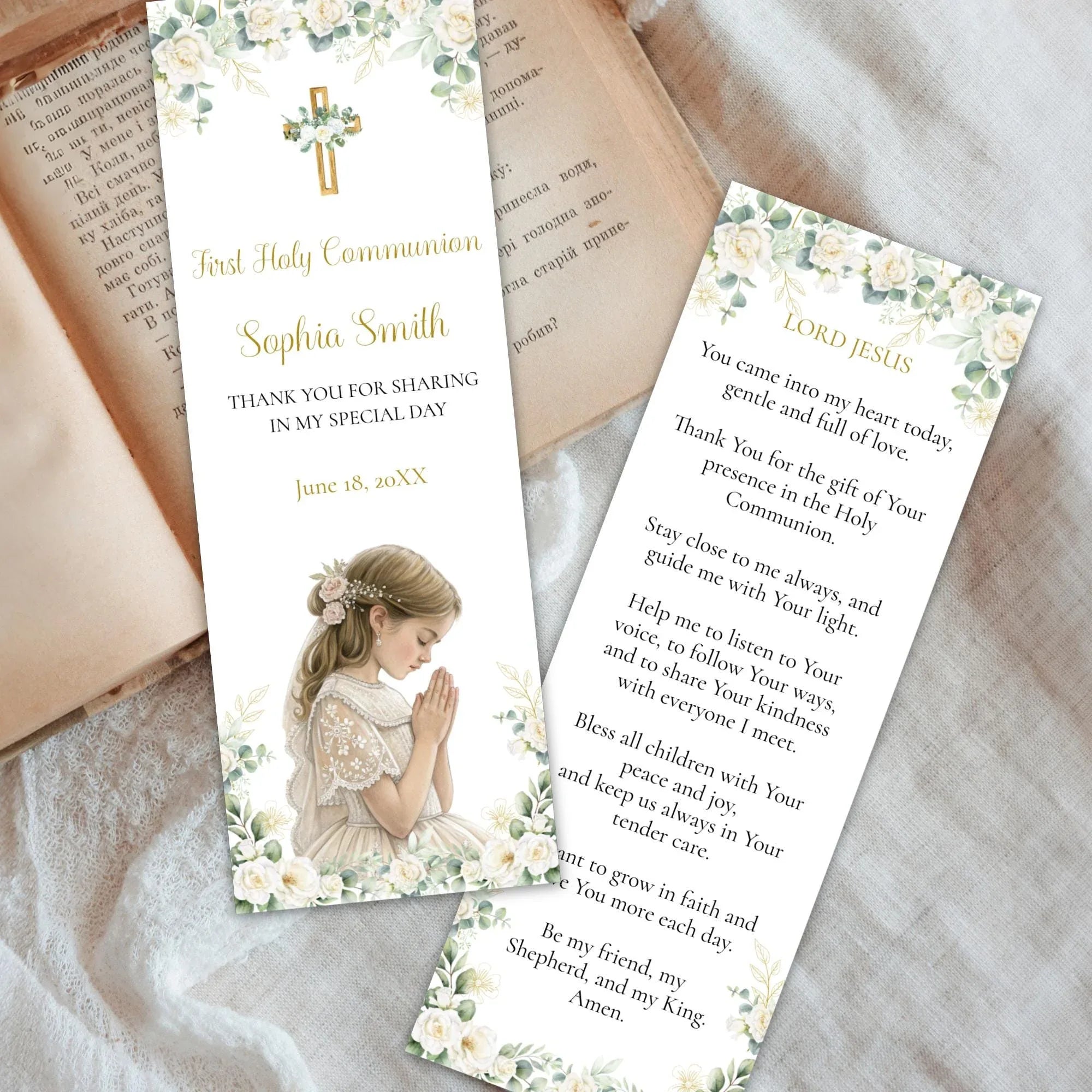 First communion Green and white flowers Bookmark - Lovely Party