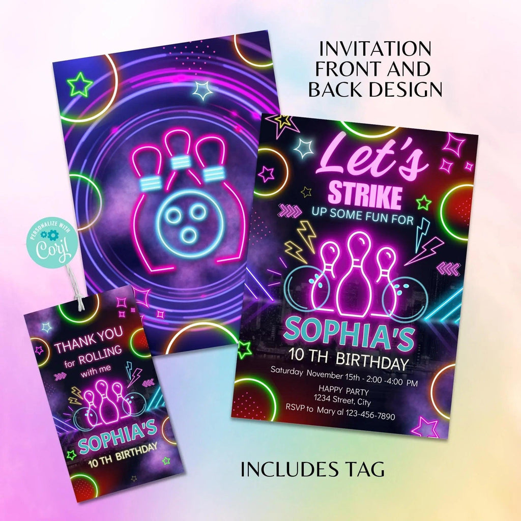Personalized Neon Bowling Party Invitation and Tag Template, Digital Download for Kids' Birthday or Bowling-Themed Event - Lovely Printable Party