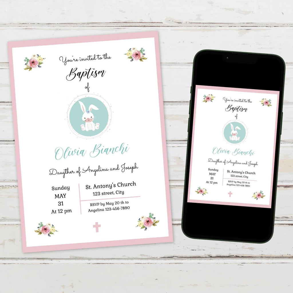 Girl Baptism Invitation – Pink Floral Bunny Theme – Corjl Template – Printable Christening Card - Lovely Printable Party