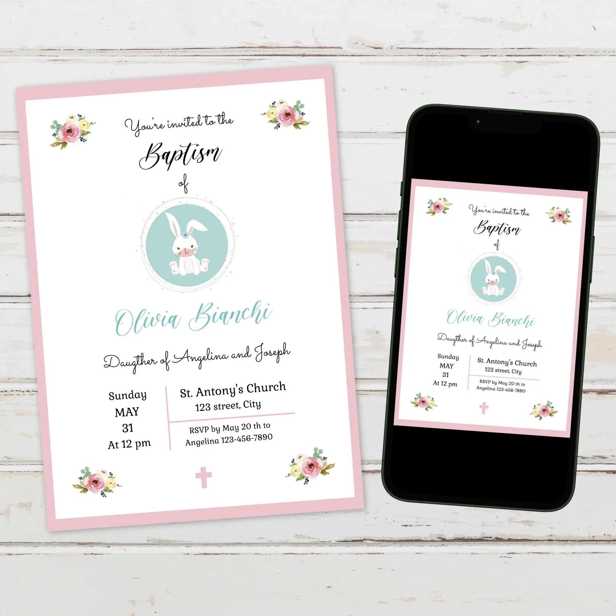 Girl Baptism Invitation – Pink Floral Bunny Theme – Corjl Template – Printable Christening Card - Lovely Printable Party