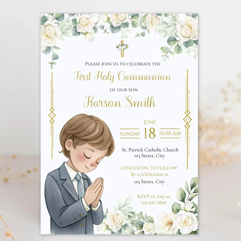 First Communion Invitation Flowers white and green - Lovely Printable Party