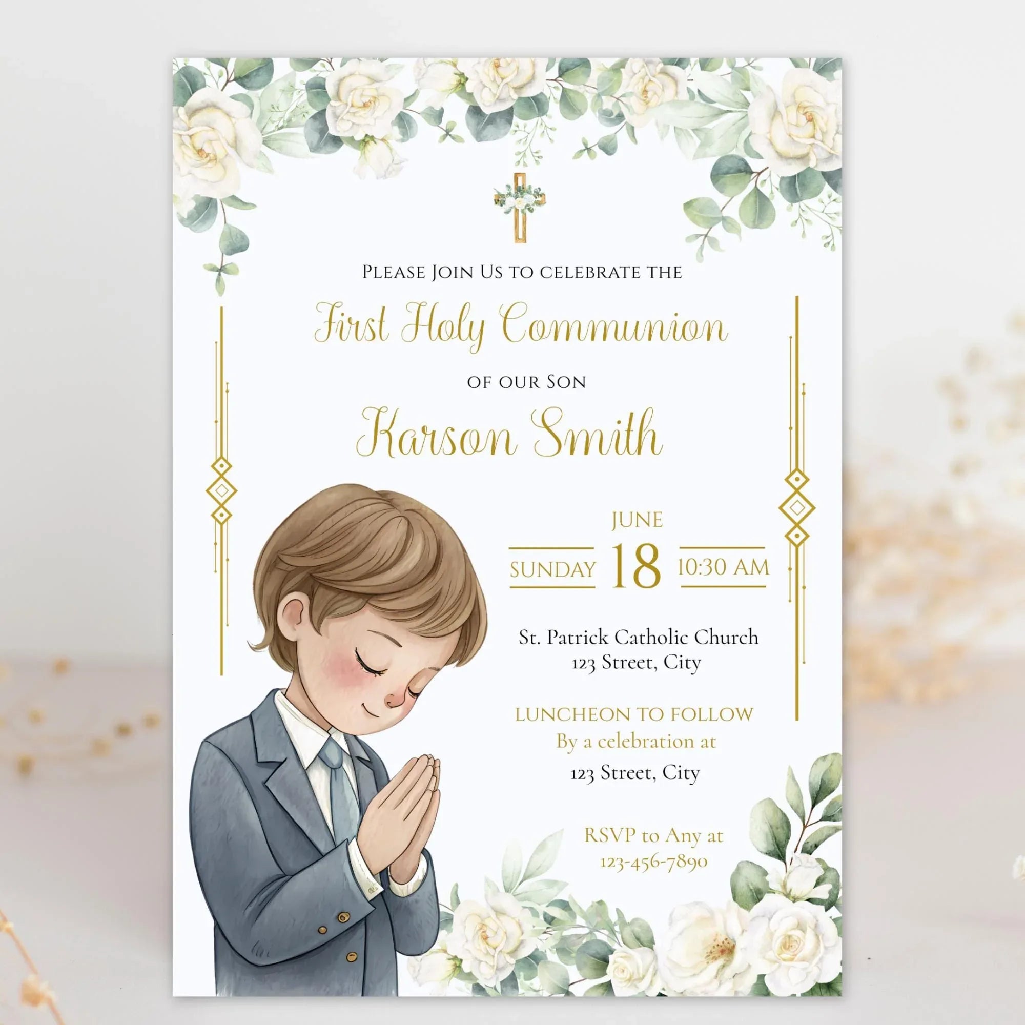 First Communion Invitation Flowers white and green - Lovely Party