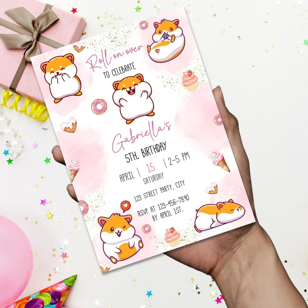 Hamster Birthday Invitation, Digital White Pink Birthday Party, Minimal, Modern, Hamster Invite, Hampster, cute, Mouse, Hamster Invite - Lovely Printable Party