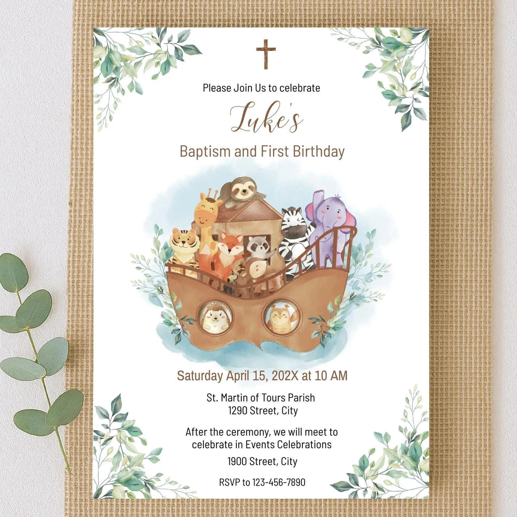 Noah's Ark Baptism & 1st Birthday Invitation Template – Editable Corjl Digital Download - Lovely Printable Party