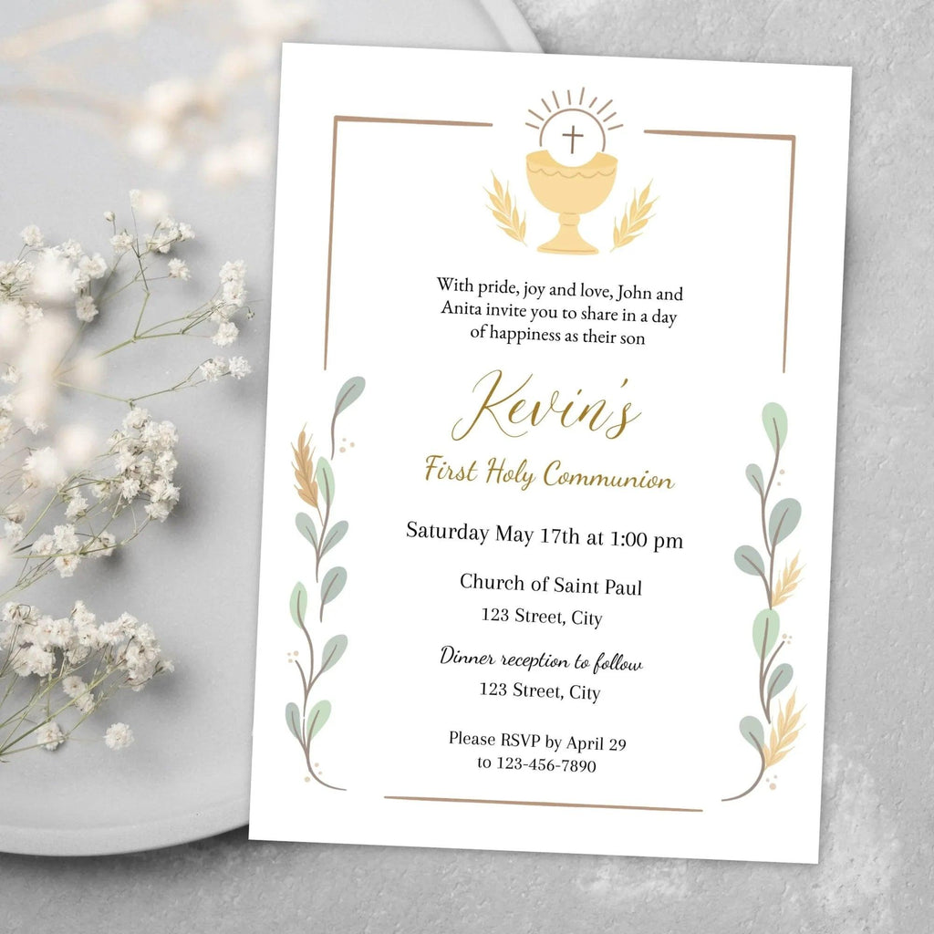 First Holy Communion, Invitation Template, Elegant Communion Invite, Editable First Communion Invitation Boy, Instant Download - Lovely Printable Party