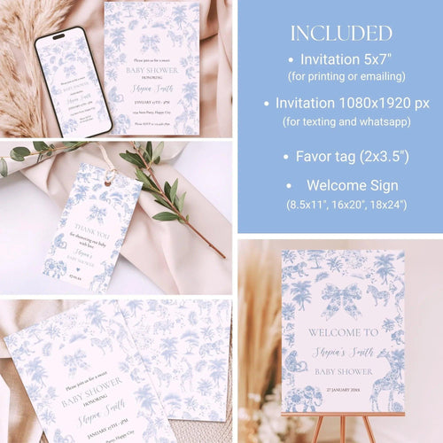Blue Toile de Jouy Baby Shower Bundle – Invitation, Welcome Sign & Favor Tag – Safari Jungle Animals Party Set – Editable and Printable - Lovely Printable Party