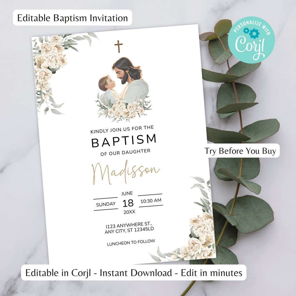 Girl Baptism Invitation | Catholic Christening | Floral Jesus & Baby | Editable Corjl Template | Instant Download
