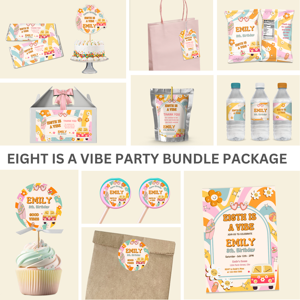 Eight is a Vibe Birthday Bundle | Groovy Girl Retro Party Kit | 15 Pieces | Editable Canva Template | Instant Download