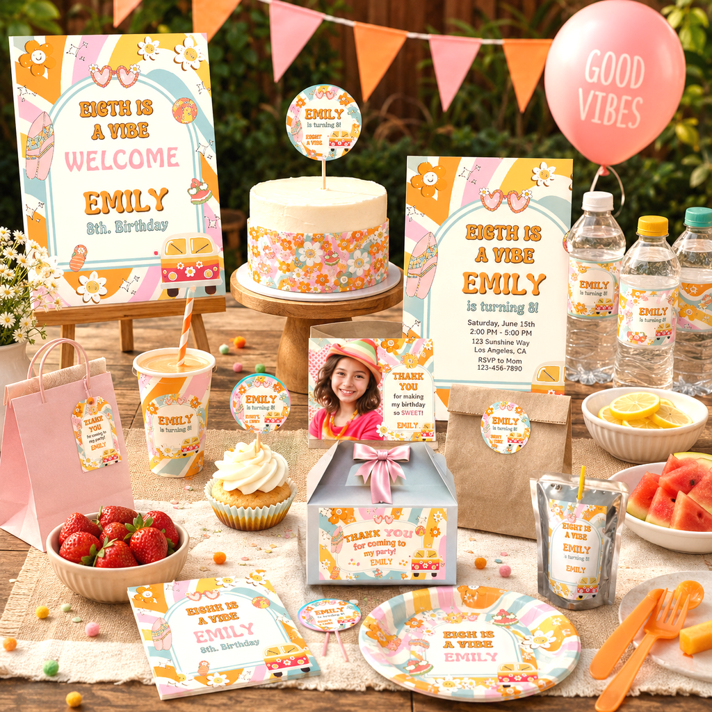 Eight is a Vibe Birthday Bundle | Groovy Girl Retro Party Kit | 15 Pieces | Editable Canva Template | Instant Download