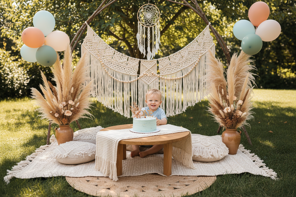 imagen de celebracion infantil de niño de un año con estilo boho en colores pasteles