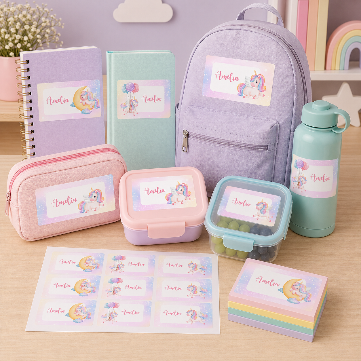 Unicorn School Name Labels | Girls Cute Supply Stickers | Editable Corjl Template | Instant Download