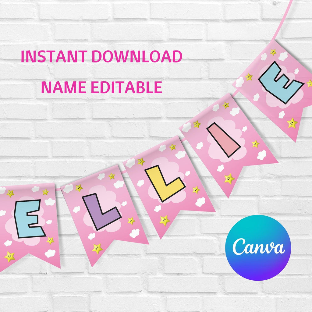 Pink Yoshi Birthday Banner Editable Template – Super Mario Party Banner – Canva Instant Download Printable